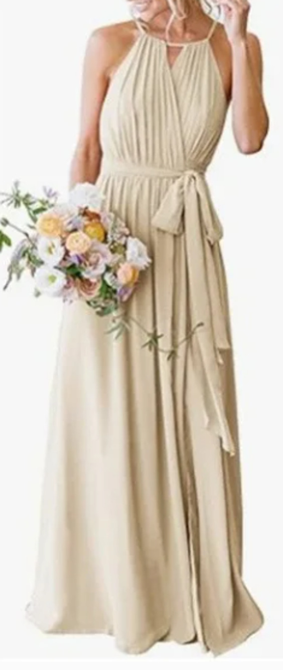 BRIDESMAID DRESS SZ 8 M tan pleated halter belted formal maxi dress new B41